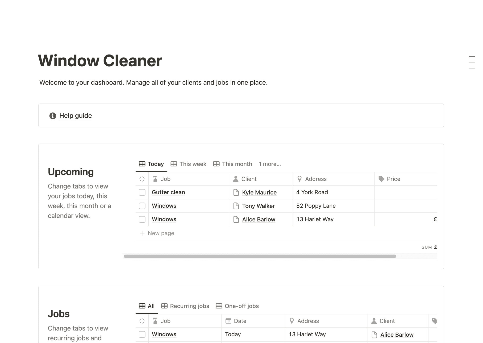 Window cleaner dashboard